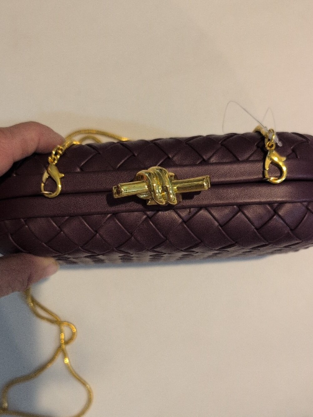 Woven Leather Purple Crossbody Clutch with Gold Chain - Picture 3 of 16